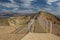 Landmark site observation deck view point in the most south Israeli city Eilat fence trail to hill top on dry ground and Gulf of