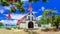 Landmarks of Mauritius island - beautiful Red church on the bea