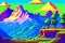 Landscape 8bit pixel art. Summer natural landscape mountain