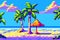 Landscape 8bit pixel art. Summer natural landscape. Summer ocean beach