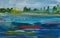 Landscape abstract acrylic. A lake with boats and trees on the horizon.