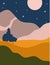 Landscape abstract boho with mountain, moon, tree. Aesthetic Minimal nature background with night sky, stars, hill