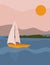 Landscape abstract boho with Sailboat at sea. Aesthetic Minimal nature background with sun, sky, mountain, ocean