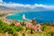 Landscape of Alanya with marina and Kizil Kule red tower in Antalya district, Turkey, Asia. Famous tourist destination with high