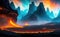 Landscape of an alien hot planet with rivers of fiery magma, beautiful view of a fictional planet, sci-fi background. Generative