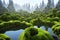 Landscape of an alien planet with green moss and trees, 3d illustration of fictional other worlds in the universe, science