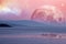 Landscape of an alien planet - huge pink moon reflects in calm o