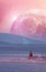 Landscape of an alien planet - huge pink moon reflects in calm ocean water