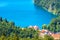 Landscape of Alpine mountains, Bavaria, Germany. Scenery of turquoise water of Alpsee lake in summer
