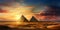 Landscape with ancient pyramids in desert in Egypt at sunset, fiction view
