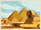 Landscape Ancient Sphinx, Egypt Pharaoh Pyramids. Travel to Egypt Country, Sahara desert. Retro card illustration vector