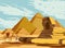 Landscape Ancient Sphinx, Egypt Pharaoh Pyramids. Travel to Egypt Country, Sahara desert. Retro card illustration vector