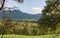 Landscape with apple tree garden in mountains