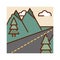 landscape asphalt route mountains trees sky nature cartoon, filled line flat colors