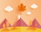 Landscape autumn background with A human paper hang on flying maple leafs in the sky. Vector illustration. Poster, banner,