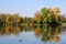 Landscape in autumn with colorful trees and a lake