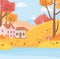 Landscape in autumn nature scene, houses countryside lake trees leaves cartoon