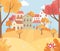 Landscape in autumn nature scene, houses trees foliage season cartoon