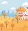 Landscape in autumn nature scene, suburban houses in hill trees and urban building background