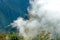 Landscape background with mountains in the clouds from the top of the Machu Piccu mountain