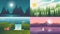 Landscape backgrounds. Travel and adventure wallpapers with gradient sky and far horizon. Vector cartoon nature scenery