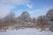 Landscape with bare winter trees and shrubs covered in snow in the flemish countryside