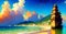 Landscape Beach Coast Panaromic View. Magical AI Generated Wall Art Canvas Painting, Children Book