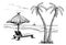 Landscape with a beach sketch. palms, chaise longue, parasol and yachts