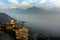 Landscape of beautiful Annapurna mountain range with fog and blue sky