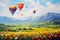 Landscape with beautiful balloons. Impressionism style oil painting