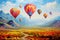Landscape with beautiful balloons. Impressionism style oil painting