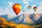 Landscape with beautiful balloons. Impressionism style oil painting