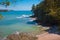 Landscape of a beautiful beach in the tropical pacific with white sand and blue sky surrounded by green nature in the National