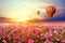 Landscape of beautiful cosmos flower field and hot air balloon on sky sunset