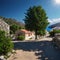 Landscape of the beautiful and green Greek island Karpathos, with a little church in the middle made with