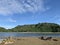 Landscape of beautiful reservoir with blue sky and cracked mud