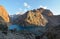 Landscape of beautiful rocky Fan mountains and Allo lake in Tajikistan