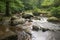 Landscape of Becky Falls waterfall in Dartmoor National Park Eng