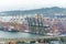 Landscape from bird view of Cargo ships entering one of the busiest ports in the world, Singapore.