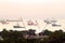 Landscape from bird view of Cargo ships entering one of the busiest ports in the world, Singapore.