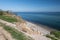 Landscape of blue Baltic sea with white sand and sky in north Germany