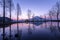 Landscape blue sky fumoto para camping ground and fuji mountain with tree reflections at morning fujinomiya shizuoka japan