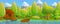 Landscape boat lake concept banner, cartoon style