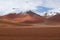 Landscape of the Bolivian highlands. Desert landscape of the Andean plateau of Bolivia with the peaks of the snow-capped volcanoes