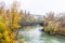 Landscape with buildings and yellow trees and bridge at the riverbank of Donaukanal Danube cannal  in a rainy day,  , in Vienna