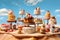 a landscape of cakes against a background of blue sky. delicious desserts. food art. Generative AI