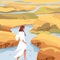 Landscape with calm woman walking in water in solitude. Person exploring nature alone. Searching for route, discovering