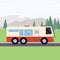 Landscape with camping trailer or recreation vehicle flat vector illustration.