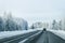 Landscape of car in road in snowy winter Lapland