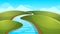 Landscape cartoon, illustration. River, sun, hill.